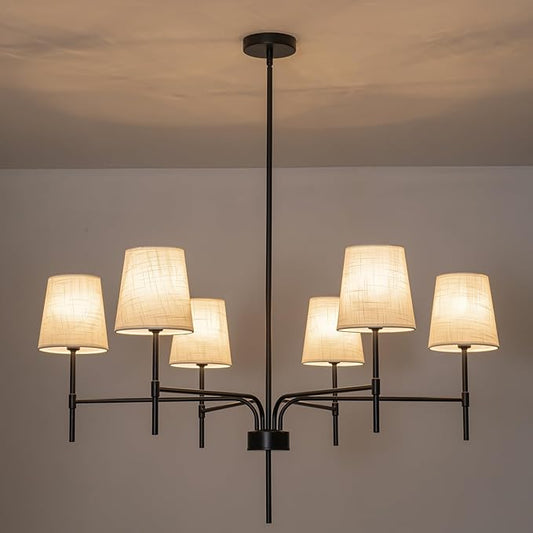 2026 New Black Chandeliers for Dining Room Light Fixture over Table, 34" 6-Light Classic Modern Farmhouse Black Chandelier with White Fabric Shade, Pendant Lighting for Kitchen Island Living Room