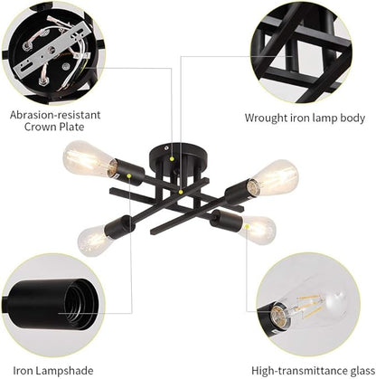 ZGLAOJT Semi Flush Mount 4 Light Ceiling Light Matte Black with E26 Base Modern Chandelier for Farmhouse Kitchen Dining Room Bedroom Study Living Room.