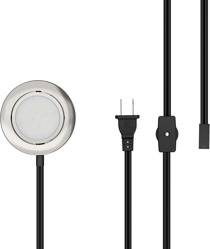 Getinlight LED Puck Lights, 2.75" Metal Housing, Wall-Dimmer Compatible, 2700K Warm White, Brushed Nickel Finish, Plug-in or Hardwired, ETL Listed, IN-0107-1S-SN-27