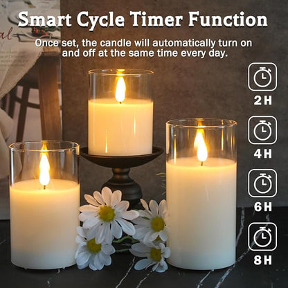 Rechargeable Flameless Glass Pillar Candles–Gifts for Women,–Set of 3, Realistic Flickering LED Light,Remote & Timer, Ideal for Living Room, Bedroom & Festival Wedding Home Party Decor