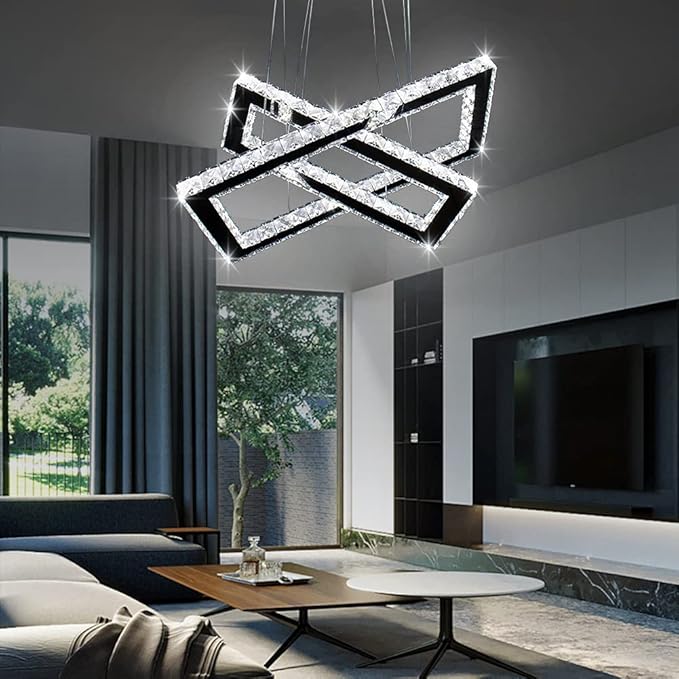 Finktonglan Modern Crystal Chandelier, Rectangular Double Ring LED Pendant Light, 6000K Cool White Non-Dimmable, Height Adjustable Hanging Light Fixture for Dining Room Living Room Bedroom