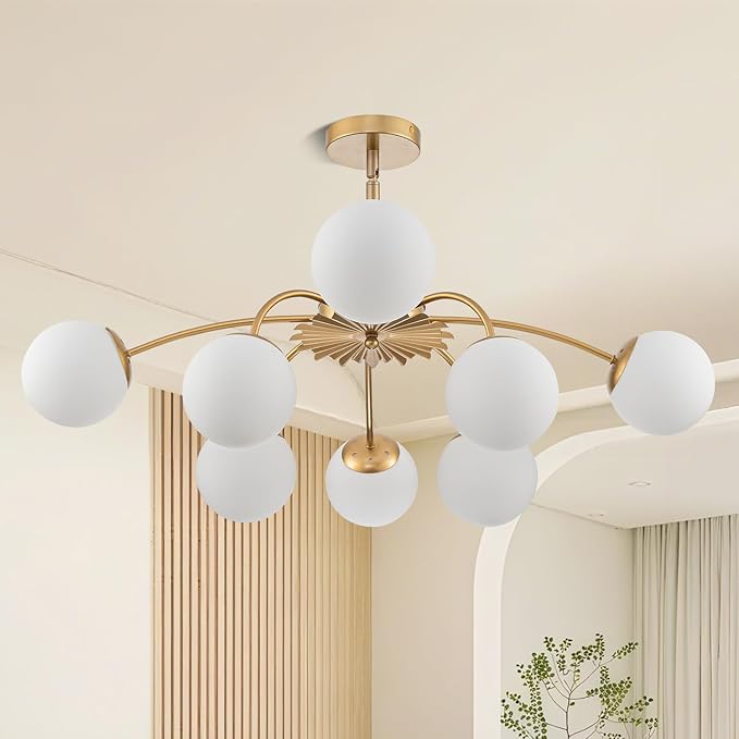 Longree 8-Light Gold and White Sputnik Chandeliers with Milk Glass Bubble Pendant Light Fixture, Blossom Accent Mid Century Sunburst Chandelier Frosted Glass Lighting for Dining Entry Living