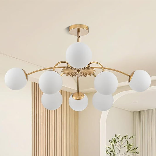 Longree 8-Light Gold and White Sputnik Chandeliers with Milk Glass Bubble Pendant Light Fixture, Blossom Accent Mid Century Sunburst Chandelier Frosted Glass Lighting for Dining Entry Living