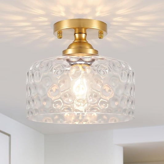 Daunton Small Semi Flush Mount Ceiling Light Fixture, Vintage Gold Close to Ceiling Lighting with Hammered Glass Shade for Hallway, Kitchen, Entryway (Retro Design, Easy Install)