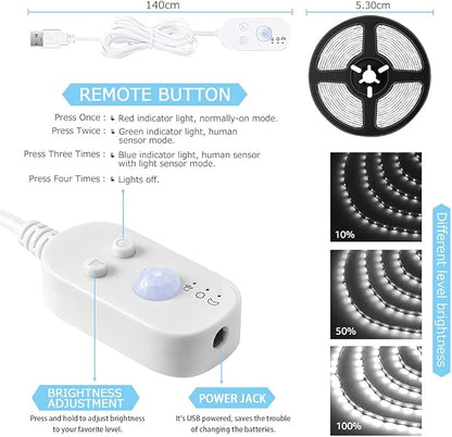 LED Light Strip Motion Sensor, USB Powered, Waterproof Rope Lights 6000K, Day and Night Modes Dimming, Indoor/Outdoor Use, Adhesive Tape 16.4ft