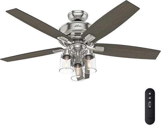 Hunter 52 inch Indoor Ceiling Fan with LED Lights and Remote Control - Standard Mount Ceiling Fan, 5 Blades, For Bedroom, Living Room, or Kitchen, Quiet - Bennett 54190, Brushed Nickel
