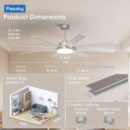 72 inch Ceiling Fans with Lights, Large Modern Ceiling Fan with Light and Remote Control, Reversible, Dimmable, 3CCT, Quiet, Nickel Ceiling fan For Bedroom Living Room Patio Farmhouse, Indoor/Outdoor