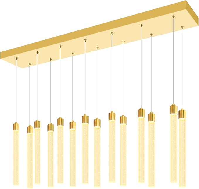 Modern Rectangular Crystal Chandelier for Dining Room LED Dimmable Crystal Column Pendant Light for Kitchen Island Entrance Foyer Living Room Adjustable Height 14-Lights Gold