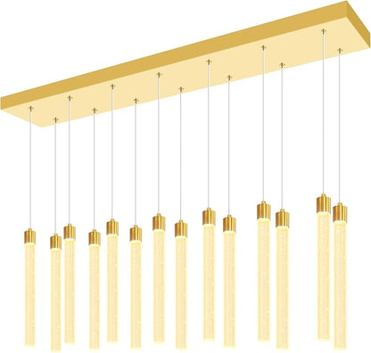 Modern Rectangular Crystal Chandelier for Dining Room LED Dimmable Crystal Column Pendant Light for Kitchen Island Entrance Foyer Living Room Adjustable Height 14-Lights Gold