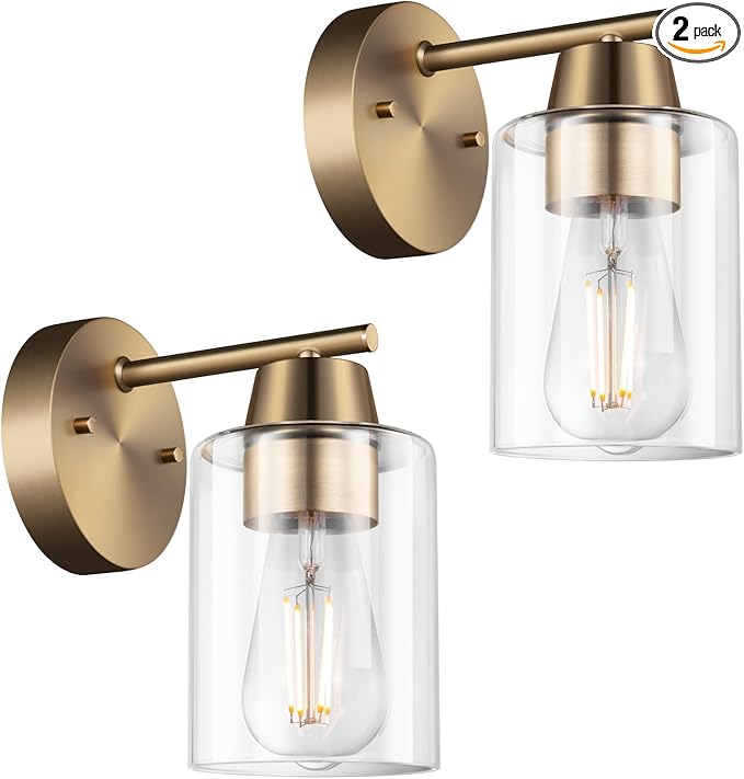 Set of Two Modern Wall Sconces,1-Light Gold Vanity Light Fixtures, Matte Brass Farmhouse Wall Mount Lights with Metal Clear Glass for Bathroom Mirror Living Room Bedroom Hallway E26 Base