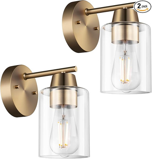 Set of Two Modern Wall Sconces,1-Light Gold Vanity Light Fixtures, Matte Brass Farmhouse Wall Mount Lights with Metal Clear Glass for Bathroom Mirror Living Room Bedroom Hallway E26 Base