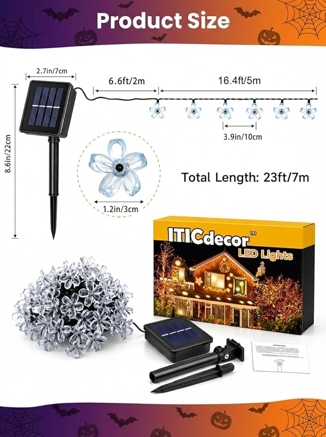 ITICdecor Solar Flower String Lights Outdoor Waterproof 50 LED Solar Powered Fairy Lights for Garden, Fence, Patio, Yard, Christmas Tree & Party Decor(Purple & Orange)