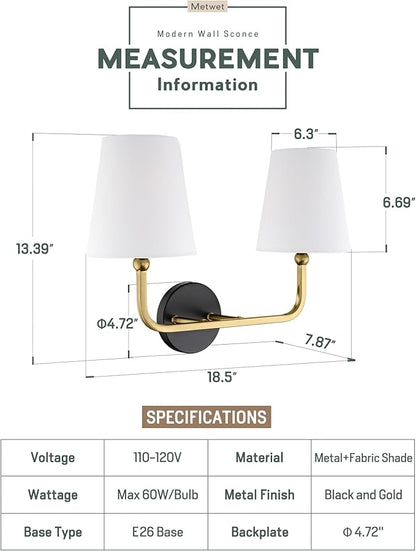 2-Light Bathroom Light Fixtures, Black and Gold Vanity Lights, Double Wall Sconce with Flared White Fabric Shade, Modern Sconces Wall Lighting for Hallway Bedroom Stairway, VL837-KG-2