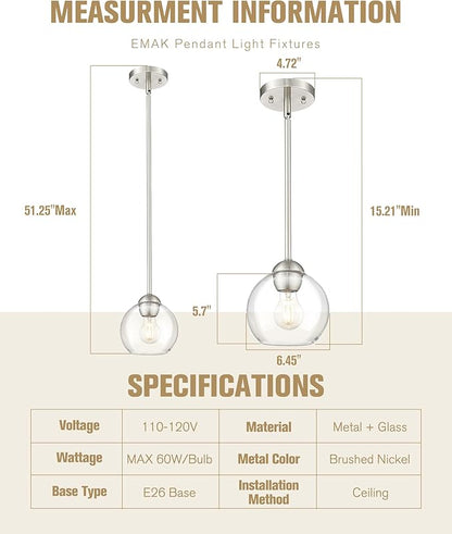 Emak 2 Pack Brushed Nickel Pendant Light Fixtures, 7 Inch Globe Pendant Lights with Clear Glass Shade, 1-Light Hanging Lights for Kitchen Island, Bathroom, Dining Room, PL119-BN-2PK