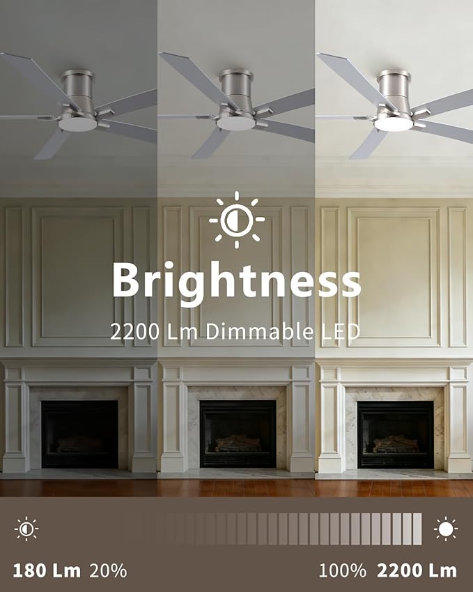60 Inch Ceiling Fans with Lights and Remote, Nickel Low Profile Ceiling Fan, Flush Mount Style with 5 Blades, For Indoor Bedroom Living Room/Outdoor, 6 Speed Reversible DC Motor, 3CCT Dimmable LED