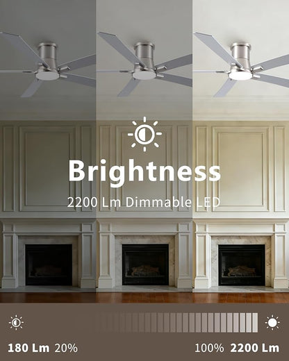 60 Inch Ceiling Fans with Lights and Remote, Nickel Low Profile Ceiling Fan, Flush Mount Style with 5 Blades, For Indoor Bedroom Living Room/Outdoor, 6 Speed Reversible DC Motor, 3CCT Dimmable LED