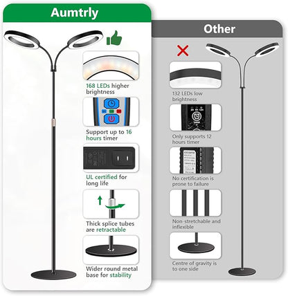 Aumtrly Large Plant Light for Indoor Plants, 2 Head Full Spectrum Grow Light with 68" Adjustable Stand for Growing Large Tall Plants, Black Halo Floor LED Grow Lamp with 16 Hour Timer