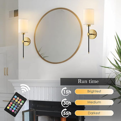 Battery Operated Wall Sconce Set of Two, Wireless Rechargeable Wall Light With Remote Control, Dimmable, 4 Color Temperatures, RGB, Timer, for Living Room,Bedroom,Entryway, Black Gold, 20.6 Inch