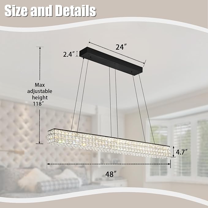 ykolupty 48inch Black Linear Crystal Chandelier, Modern Rectangular Crystal LED Pendant Light,Linear Crystal Chandelier for Dining Room Kitchen Island Living Room