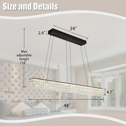 ykolupty 48inch Black Linear Crystal Chandelier, Modern Rectangular Crystal LED Pendant Light,Linear Crystal Chandelier for Dining Room Kitchen Island Living Room