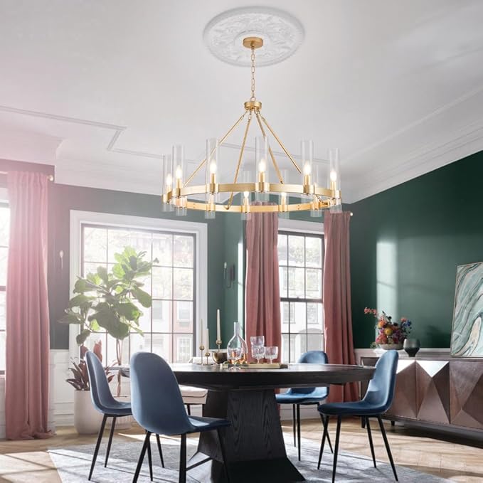 Wagon Wheel Chandelier, 12-Light Golden Farmhouse Round Chandelier, Industrial Lighting fixtures, Glass Pendant Light Suitable for Porch, Dining Room, Living Room, and Bedroom.