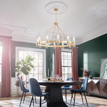 Wagon Wheel Chandelier, 12-Light Golden Farmhouse Round Chandelier, Industrial Lighting fixtures, Glass Pendant Light Suitable for Porch, Dining Room, Living Room, and Bedroom.