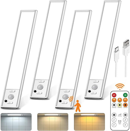 9inch Under Cabinet Lighting with Remote, Rechargeable LED Motion Sensor Light Indoor, Closet Lights Wireless, 3 Color Temps & Dimmable, Magnetic Under Counter Lights for Kitchen, Stairs, 4 Pack