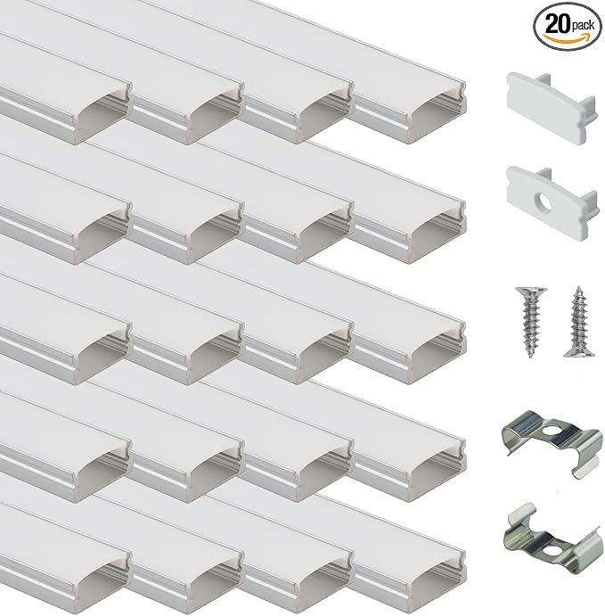 Muzata 20Pack 3.3FT/1M LED Channel Aluminum U Shape Silver LED Strip Diffuser Channel with Milky White Cover Easy Installation U1SW WW 1M