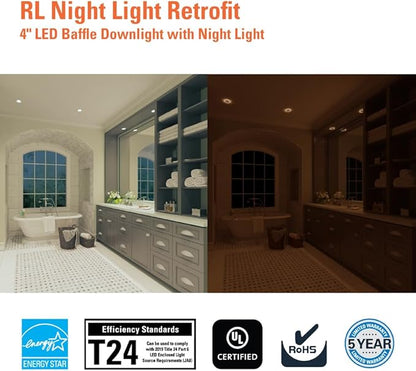 HALO RL Night Light 4 in LED Recessed Downlight with Night Light Mode, 700 Lumens, Selectable CCT 2700K-5000K, Dim-to-Warm, Matte White - RLNL4079FSD2W1EWH