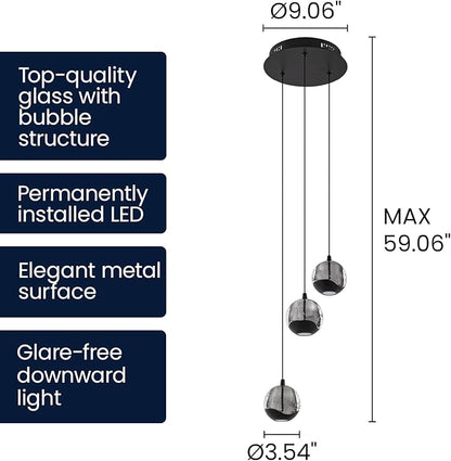 3-Light Black Glass Globe Chandelier, Modern Bubble Glass Cluster Pendant Lights for Kitchen Island & Dining Room Light Fixture & Foyer Chandelier, Warm White 3000K, LED 1175 lm, Ø 9.8 in