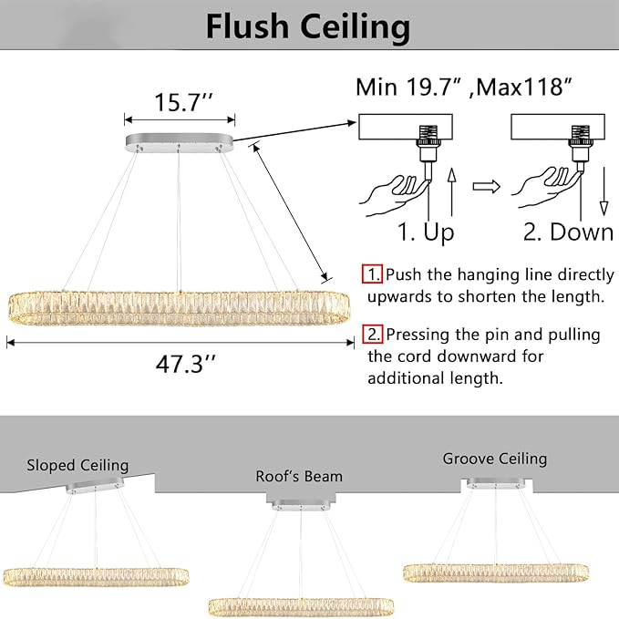 HAIXIANG Modern Crystal Chandelier Dimmable LED Long Chandeliers for Dining Table Pendant Lights Rectangular Glam Lighting Fixtures for Dining Room Kitchen Island Silver