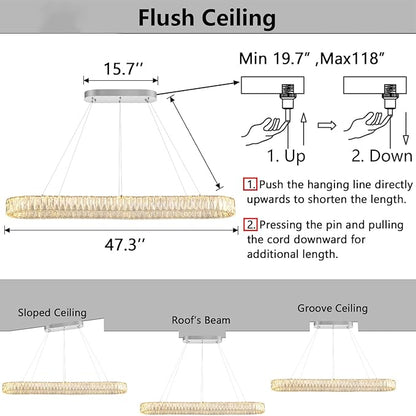 HAIXIANG Modern Crystal Chandelier Dimmable LED Long Chandeliers for Dining Table Pendant Lights Rectangular Glam Lighting Fixtures for Dining Room Kitchen Island Silver