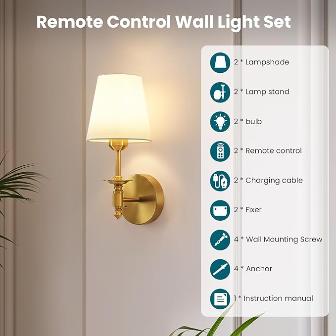 WOSHITU Battery Operated Wall Sconce: Brass Sconces Set of 2 with 2 Remote & 2 Dimmable Bulb Brushed Gold Rechargeable Cordless Sconces Wall Decor Set of Two Wall Light for Bedroom Living Room