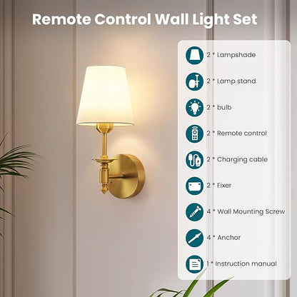 WOSHITU Battery Operated Wall Sconce: Brass Sconces Set of 2 with 2 Remote & 2 Dimmable Bulb Brushed Gold Rechargeable Cordless Sconces Wall Decor Set of Two Wall Light for Bedroom Living Room