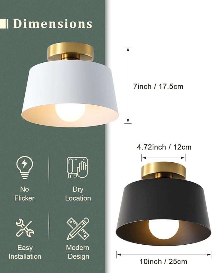 Modern Semi Flush Mount Ceiling Light with Gold Plate and Matte White Shade, Farmhouse Ceiling Light Fixture for Kitchen Island Dining Room Foyer Hallway Porch Barn Loft，10in (White 2 Pack)