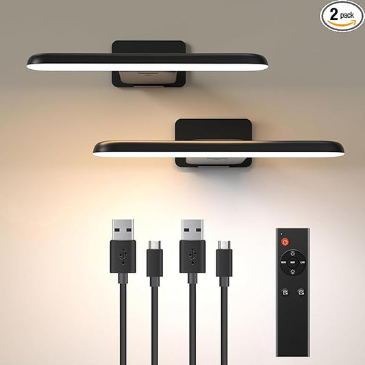 NARUNDREN 2 Pack Picture Lights for Wall, Rechargeable LED Picture Light Battery Operated with Remote, Dimmable Poster Light for Paintings, Portraits, Art Frames, Display Lighting for Wall Decor,Black
