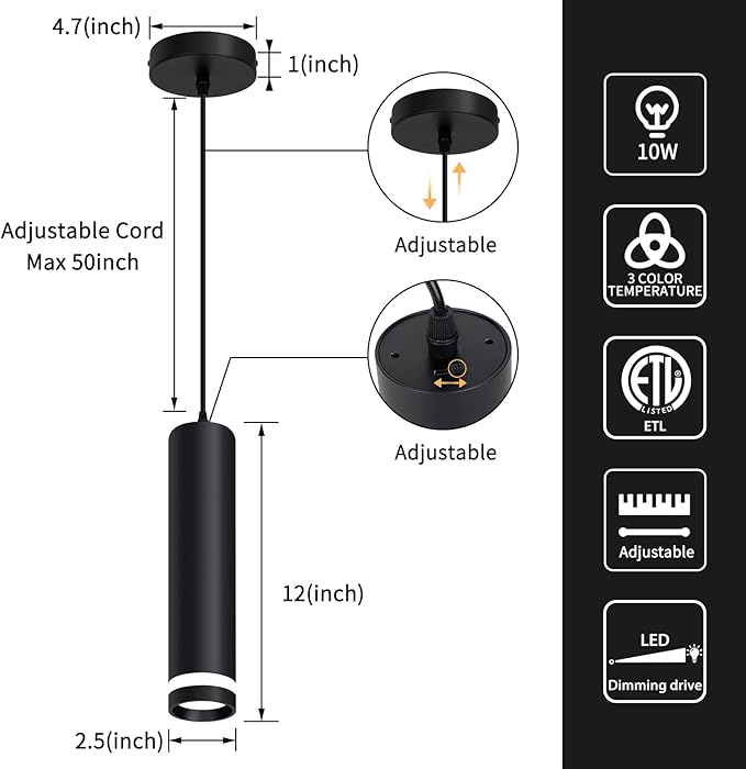OKELI Modern Pendant Lights, Black LED Pendant Lights Fixtures,3 Color Pendant Lighting for Kitchen Island, Bar,12W,3000K-6000K,ETL(3pack)