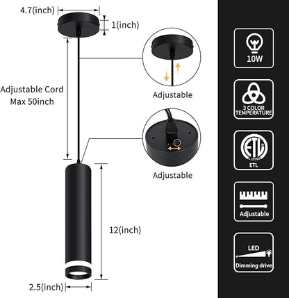 OKELI Modern Pendant Lights, Black LED Pendant Lights Fixtures,3 Color Pendant Lighting for Kitchen Island, Bar,12W,3000K-6000K,ETL(3pack)