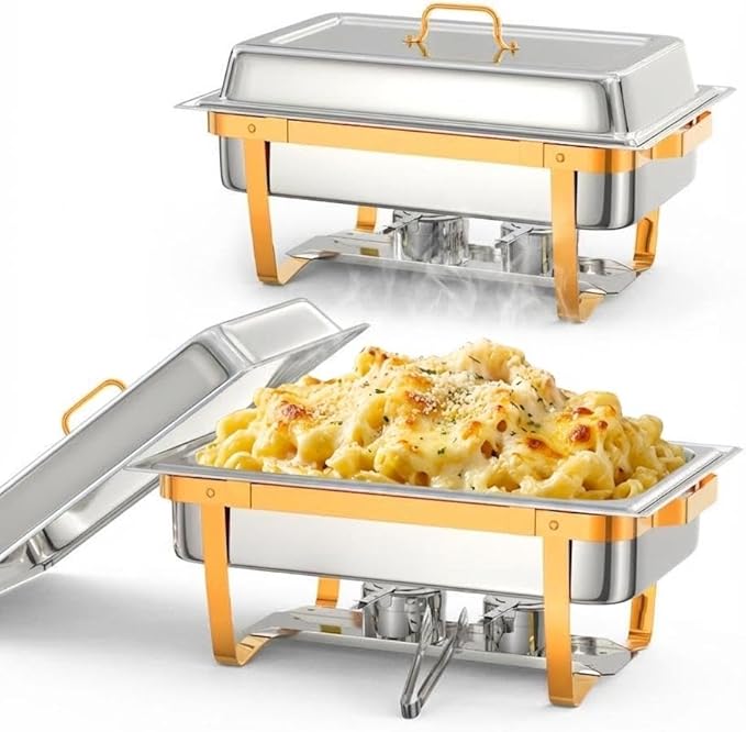 2 Pack Chafing Dishes for Buffet, Stainless Steel Catering Chafer with Lids, Pans & Fuel Holder, 8QT Food Warmers for Parties Buffet, Buffet Servers and Warmers for Parties, Events, Weddings, Gold