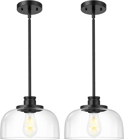 Emak 2 Pack Glass Pendant Light, Modern Farmhouse Black Pendant Lights Kitchen Island, 10 Inch Hanging Light Fixture for Kitchen Island, Dining Room, Bathroom, Bar, PL131-BK-CG-2PK