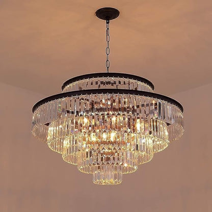 6-Tier Large Gold Crystal Chandeliers 31" Modern Luxury Chandeliers for Staircase K9 Crystal High Ceiling Chandelier 17-Light Round Hanging Pendant Light Fixture for Living Room Entryway Foyer