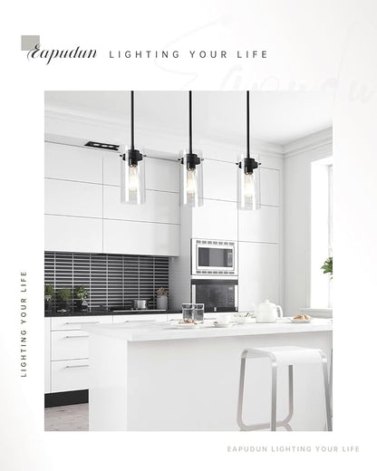 EAPUDUN Pendant Lights Kitchen Island (3 Pack), Clear Glass Shade Kitchen Lighting fixtures Ceiling Hanging, Black Pendant Lights for Kitchen Island,Dining Room,Corridor Bedroom E26 Base