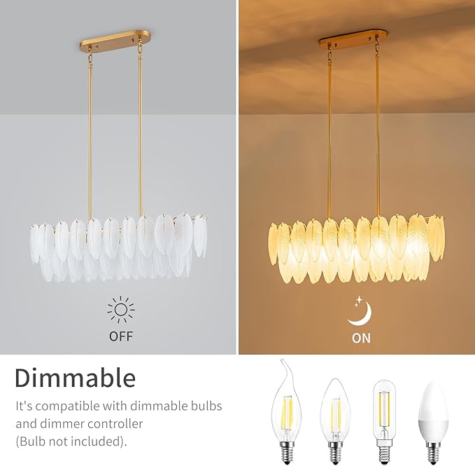 LumFurn 10-Light Glass Linear Chandeliers, Modern Design Island Light Fixture for Dining Room, Kitchen Island, L32xW12xH19~50 Inch(Adjustable Height), Glass Feather Shade & Brass Finish
