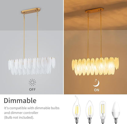 LumFurn 10-Light Glass Linear Chandeliers, Modern Design Island Light Fixture for Dining Room, Kitchen Island, L32xW12xH19~50 Inch(Adjustable Height), Glass Feather Shade & Brass Finish