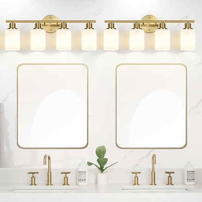 Zarbitta 4-Light Bathroom Light Fixtures, Brushed Gold Modern Vanity Lights with Milky White Frosted Glass Shades, Bathroom Wall Lamp for Mirror Kitchen Living Room