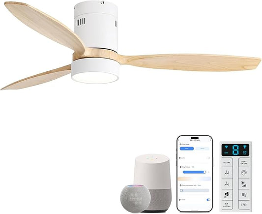 Sofucor 52 Inch Smart Ceiling Fans with Light and Remote-Modern Smart Solid Wood Ceiling Fan with Alexa/Google/APP/Remote Control for Bedroom Living Room Indoor Outdoor Patio,Qiute DC Motor,White&Wood