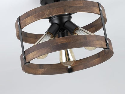 3-Light Rustic Farmhouse Wood Flush Mount Ceiling Light Fixture Oak Wood Round Drum Semi Flush Mount Ceiling Light for Hallway Hall Entry Bedroom Farmhouse Indoor, Black