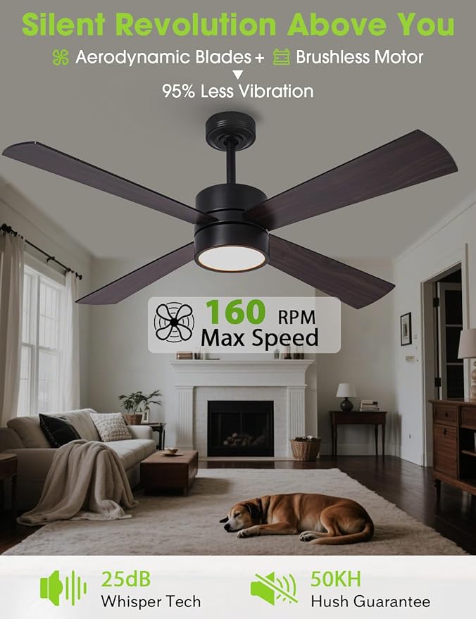 52-Inch DC Motor Ceiling Fan with LED Light, 4 Reversible Blades, Remote & APP Control, Black & Walnut Finish, Dimmable 3-Color Lighting, Energy Efficient Indoor Ceiling Fan with Timer & Memory