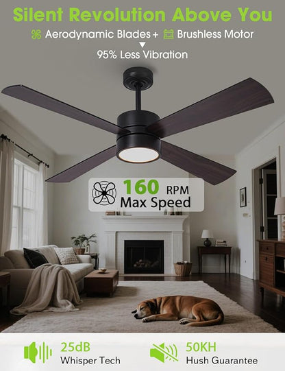 52-Inch DC Motor Ceiling Fan with LED Light, 4 Reversible Blades, Remote & APP Control, Black & Walnut Finish, Dimmable 3-Color Lighting, Energy Efficient Indoor Ceiling Fan with Timer & Memory