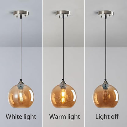 Amber Glass Pendant Lights Kitchen Island Lighting Globe Pendant Light Fixtures Modern Pendant Lighting for Bedroom Living Dining Room Light Fixture (7.87 in, 1 Pack)